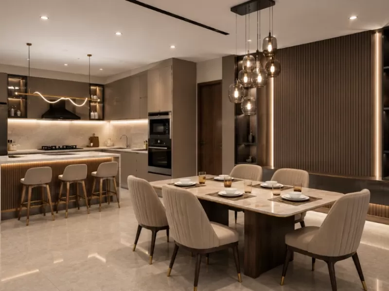 Luxury 3BHK apartment dining room with open kitchen, island counter, and contemporary interior design