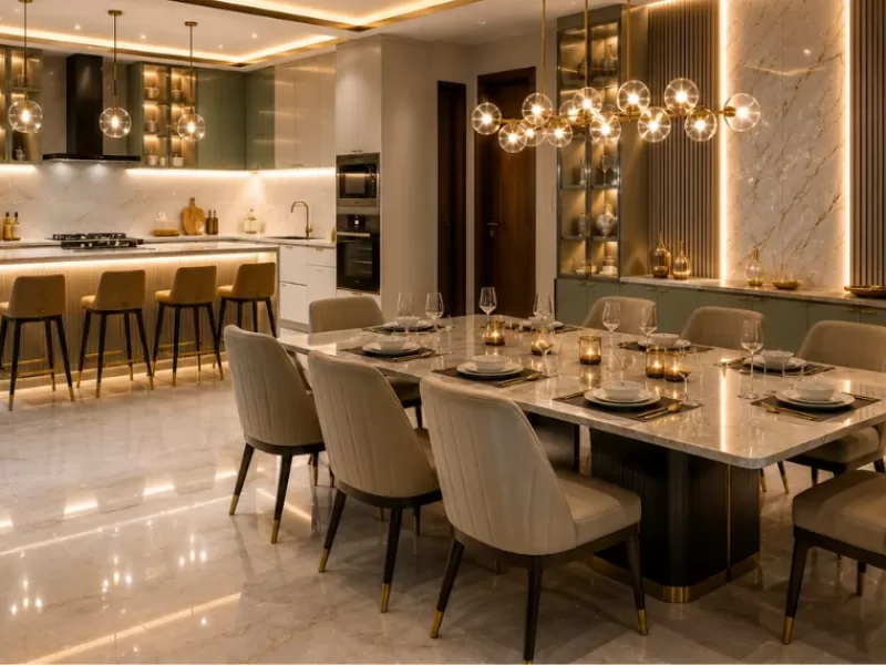 Luxury villa kitchen and dining interior design with sage green modular kitchen cabinets, marble dining table, and warm ambient lighting