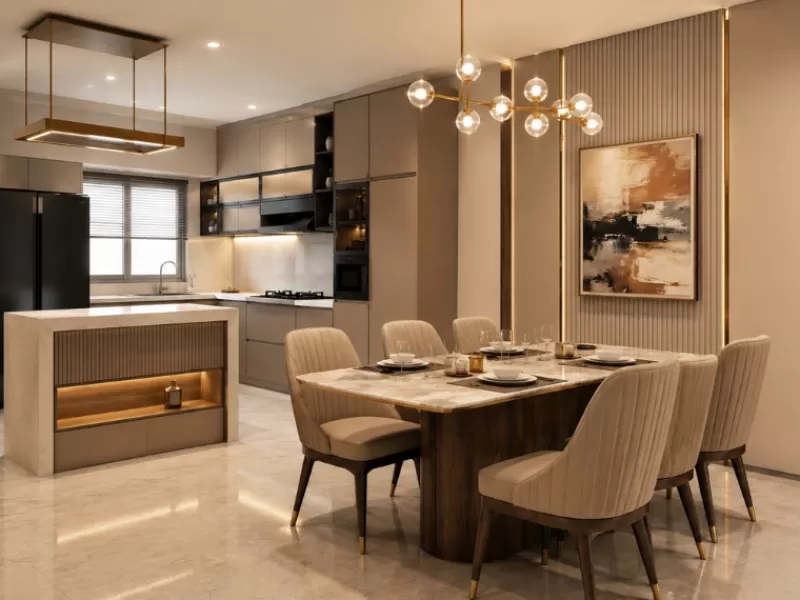 Modern dining room interior with open kitchen design for a luxury 2BHK apartment